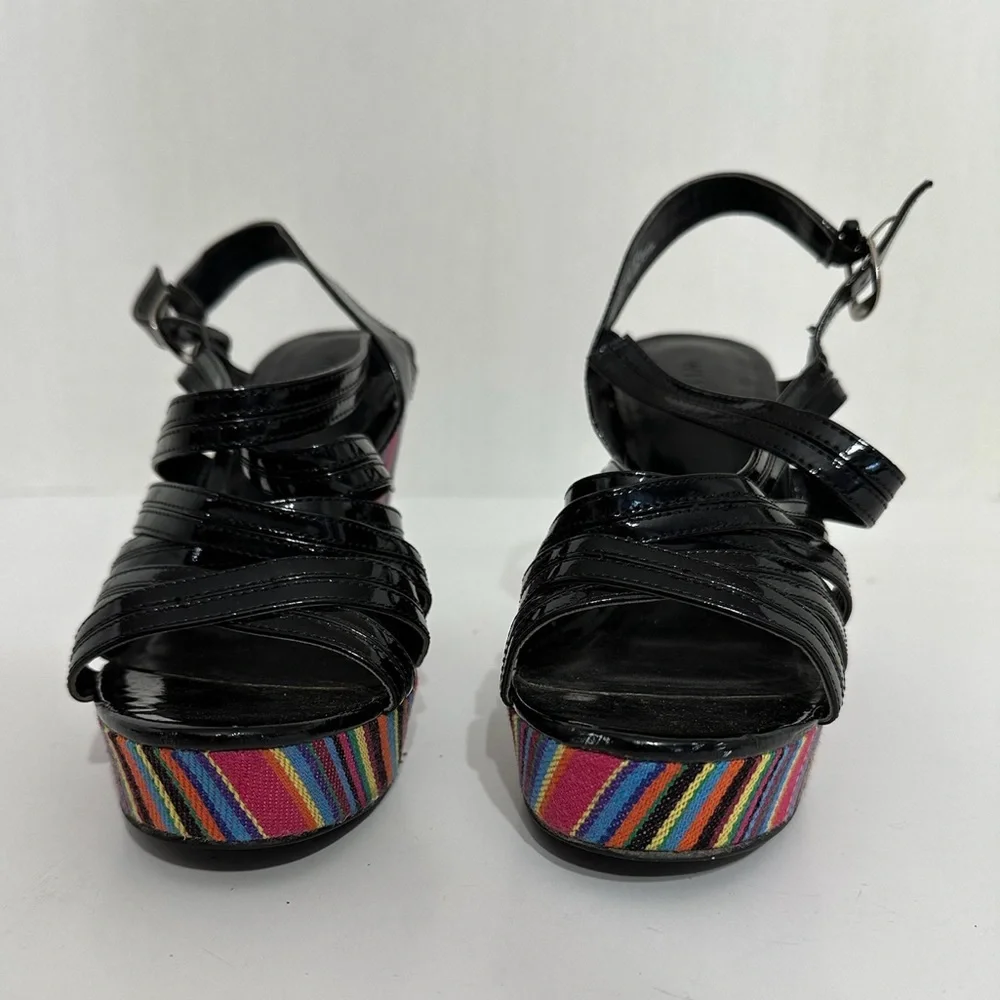Westies Black with Multicolored Stripe Platform Wedge Sandals Size 9